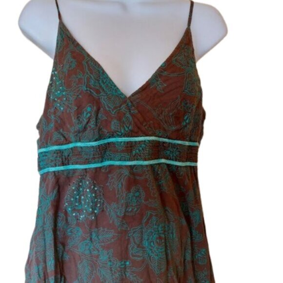 VINTAGE Brown and Turquoise Blue Summer Cotton Dress Size 13 - Picture 2 of 7